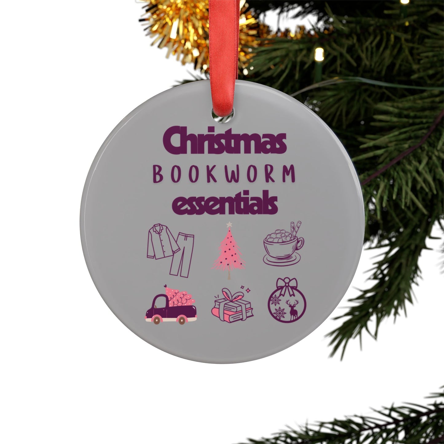 Christmas Bookworm Essentials Acrylic Ornament with Ribbon